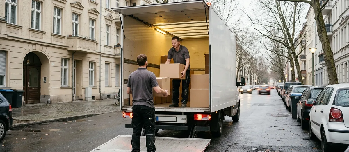 Beladung am Abend, der Laderaum ist ausgeleuchtet, ein Träger reicht Kartons hinein