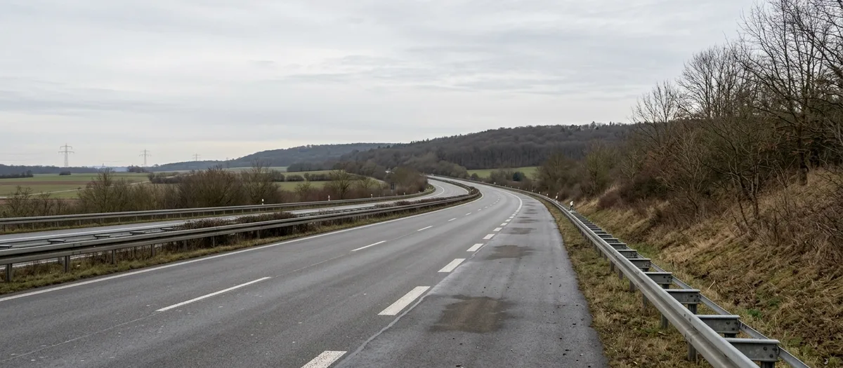 Autobahn nach Süden, drei Spuren laufen auf bewaldete Hügel zu