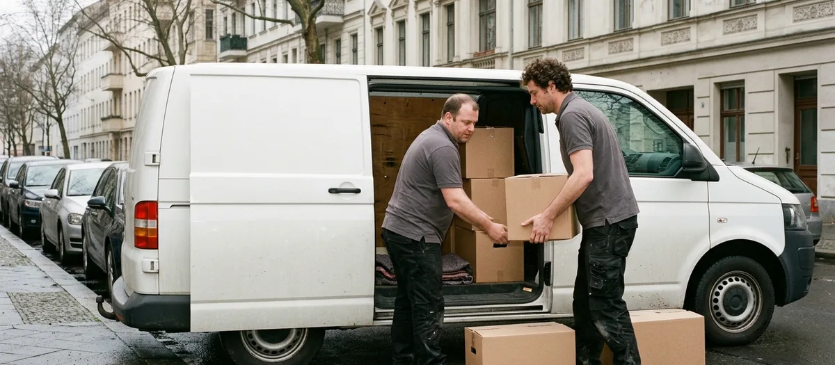 Zwei Träger laden Kartons durch die Seitentür eines Transporters, der Asphalt ist nass