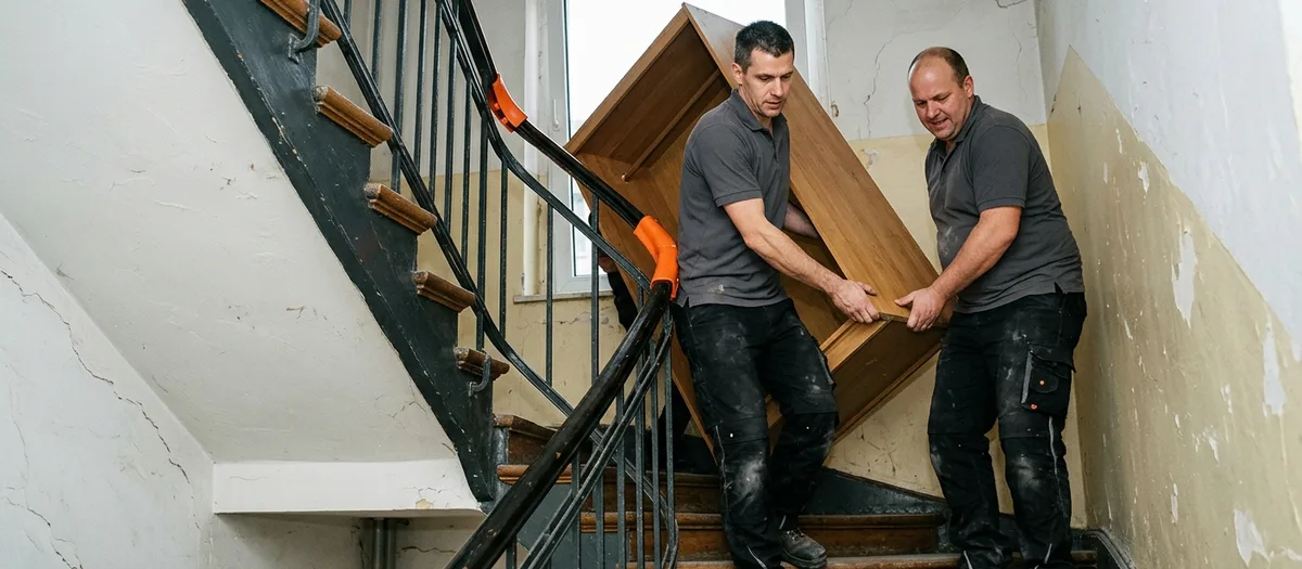 Zwei Träger bringen einen Schrank durch ein enges Treppenhaus, der Handlauf ist abgepolstert