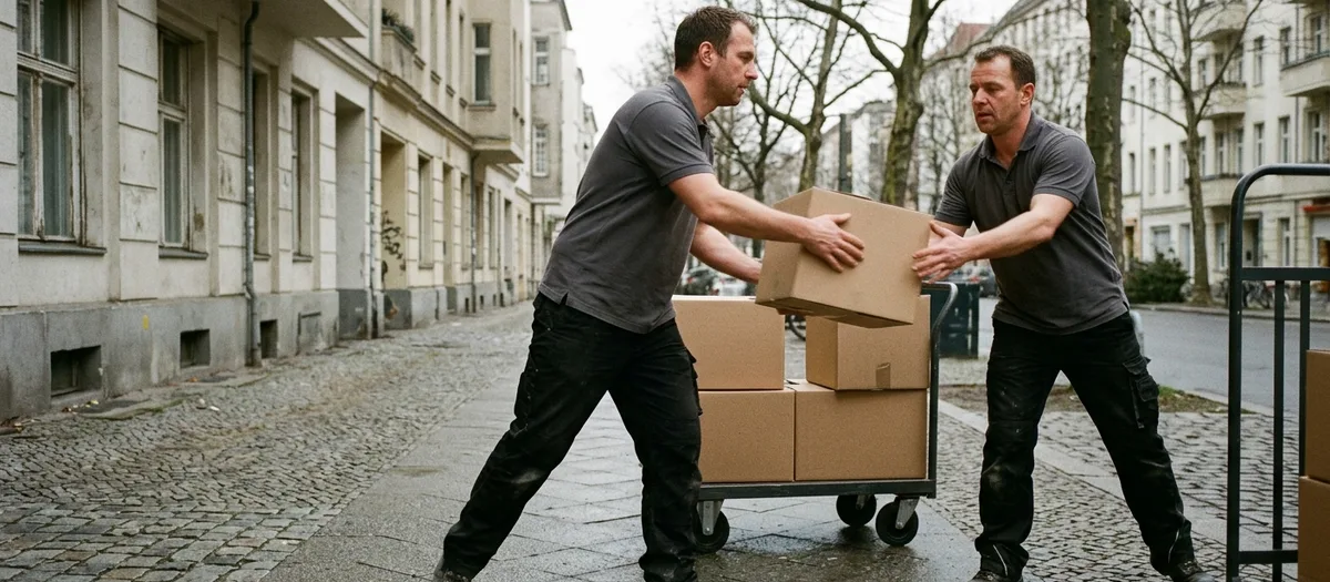 Zwei Träger reichen sich einen Karton über den Plattenwagen hinweg