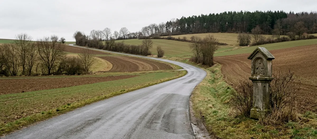 Landstraße durch fränkisches Hügelland, gepflügte Streifen und ein Bildstock am Rand
