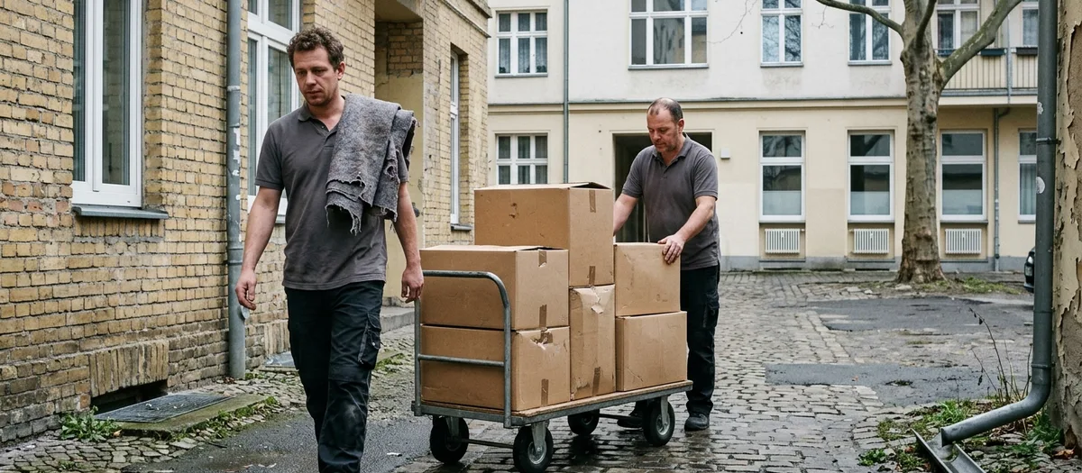Zwei Träger schieben einen mit Kartons beladenen Plattenwagen über den Hof
