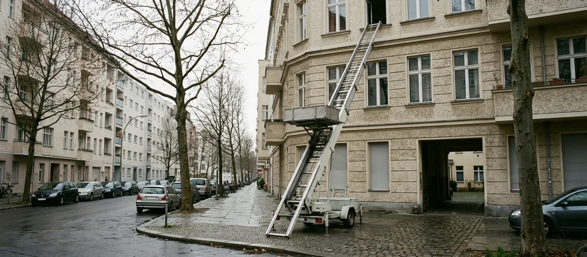 Möbellift steht an der Fassade und reicht bis unters Dach, die Straße ist nass
