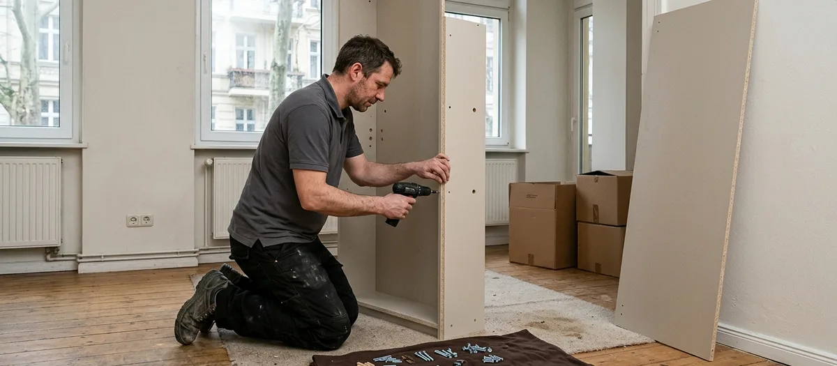 Ein Träger schraubt einen Schrank zusammen, das Beschlagmaterial liegt auf einer Decke