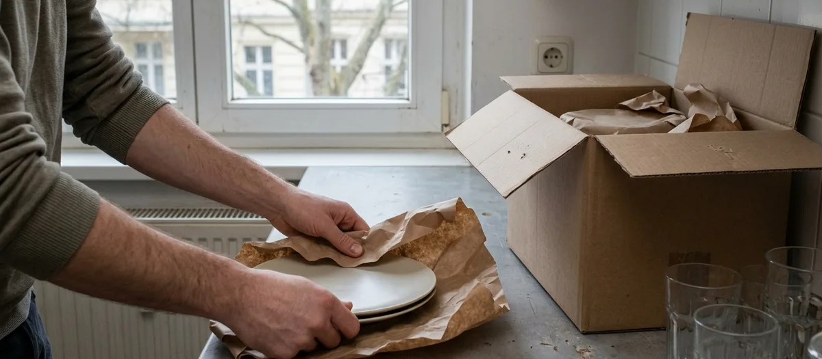 Teller werden einzeln in Packpapier gewickelt und in den Karton gelegt