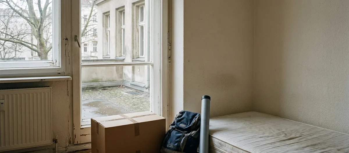 Kleines Zimmer mit Matratze, Rucksack und einem einzelnen Karton am Fenster