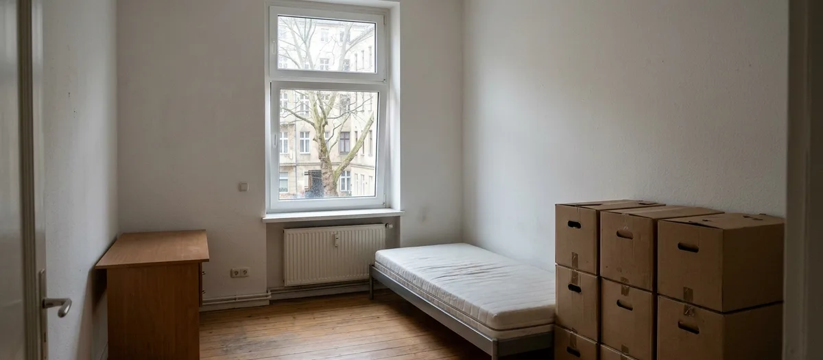 Leeres WG-Zimmer mit Bettgestell, Schreibtisch und gestapelten Kartons neben dem Fenster